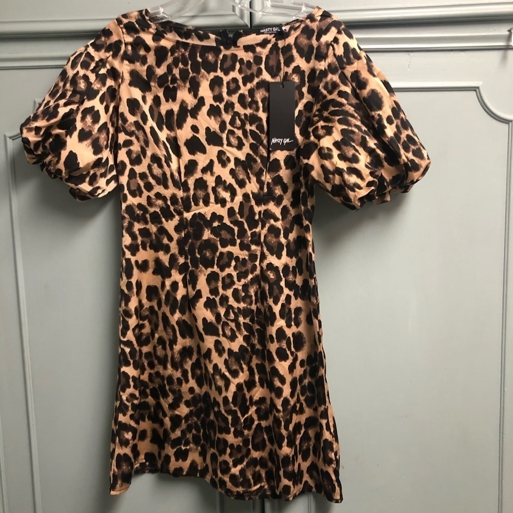Nasty Gal Leopard Print Puff Sleeve Mini Dress in Tan and Black